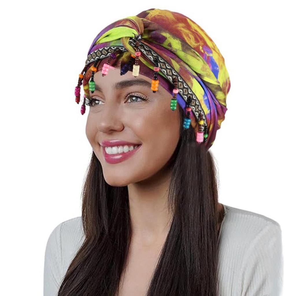 Colorful Beaded Headscarf Cap With Prickly Hair Sticker, Adjustable Pullover Cap, Printed Tail Cap, High Elasticity
