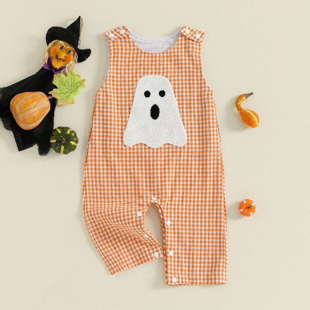 Infant Summer Halloween Ghost/Pumpkin Embroidered Sleeveless Romper
