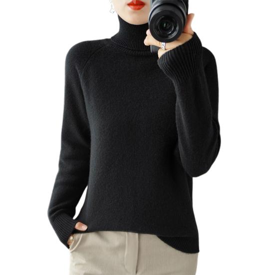 Women Sweater High Collar Long Sleeve Ribbed Trim Knitting Tops Solid Color