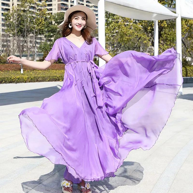Tide Summer Elegant Solid O-neck Short Sleeve Folds Vestido Women Casual Lace-up Pleated Chiffon Dress
