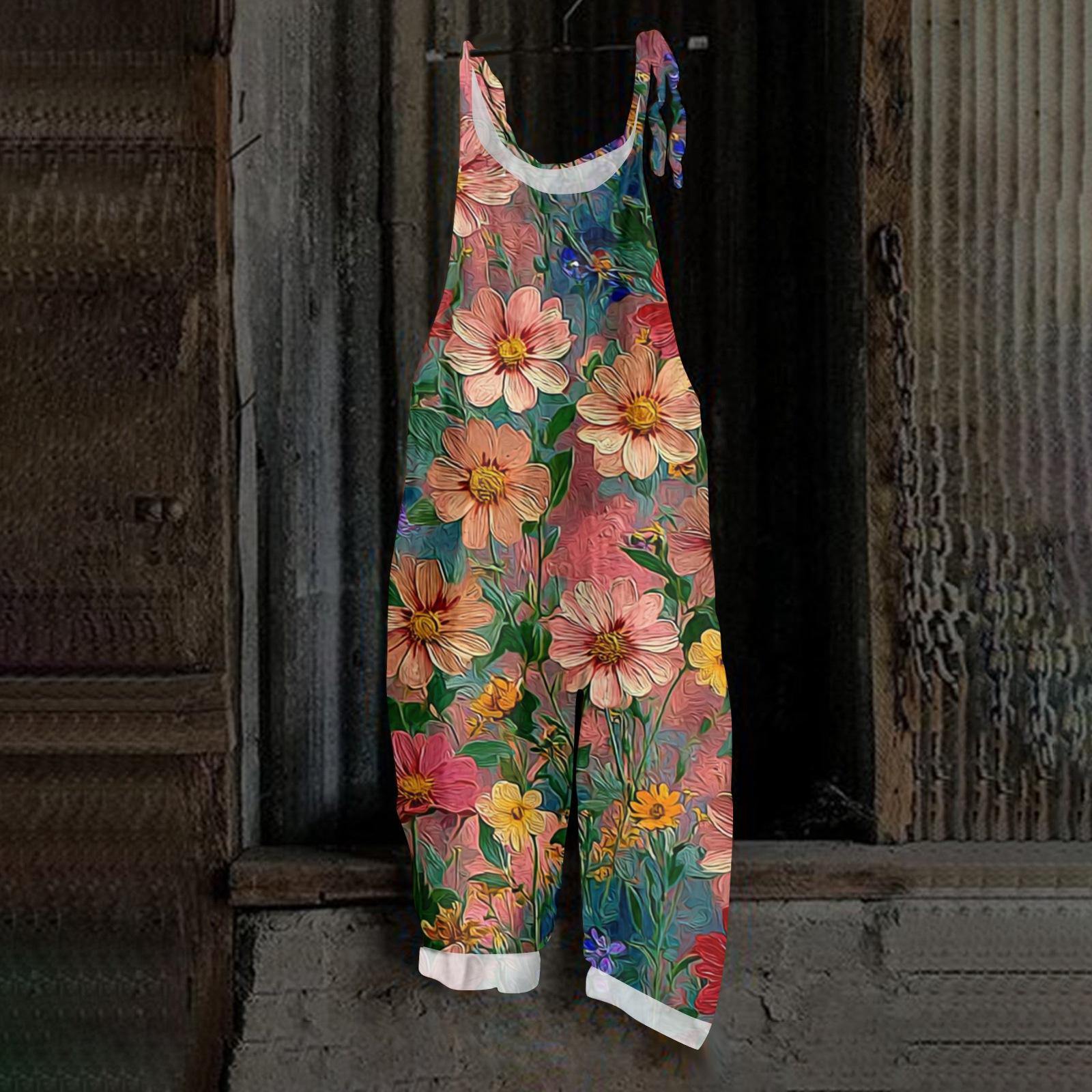 Женский ретро принт, повседневный свободный, ретро комбинезон, хлопок и лен, цельные брюки XXL розовый