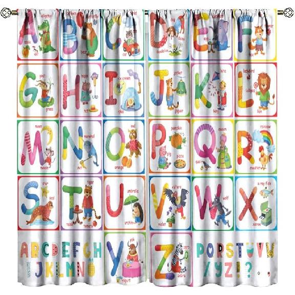 

Alphabet ABC Curtains, Cartoon Animal Fruit Curtain Kids Educational Learning Alphabet Tool Window Treatments for Boys Girls Bedroom Living Room 20.5 W x 45 L (Pack of 2)
