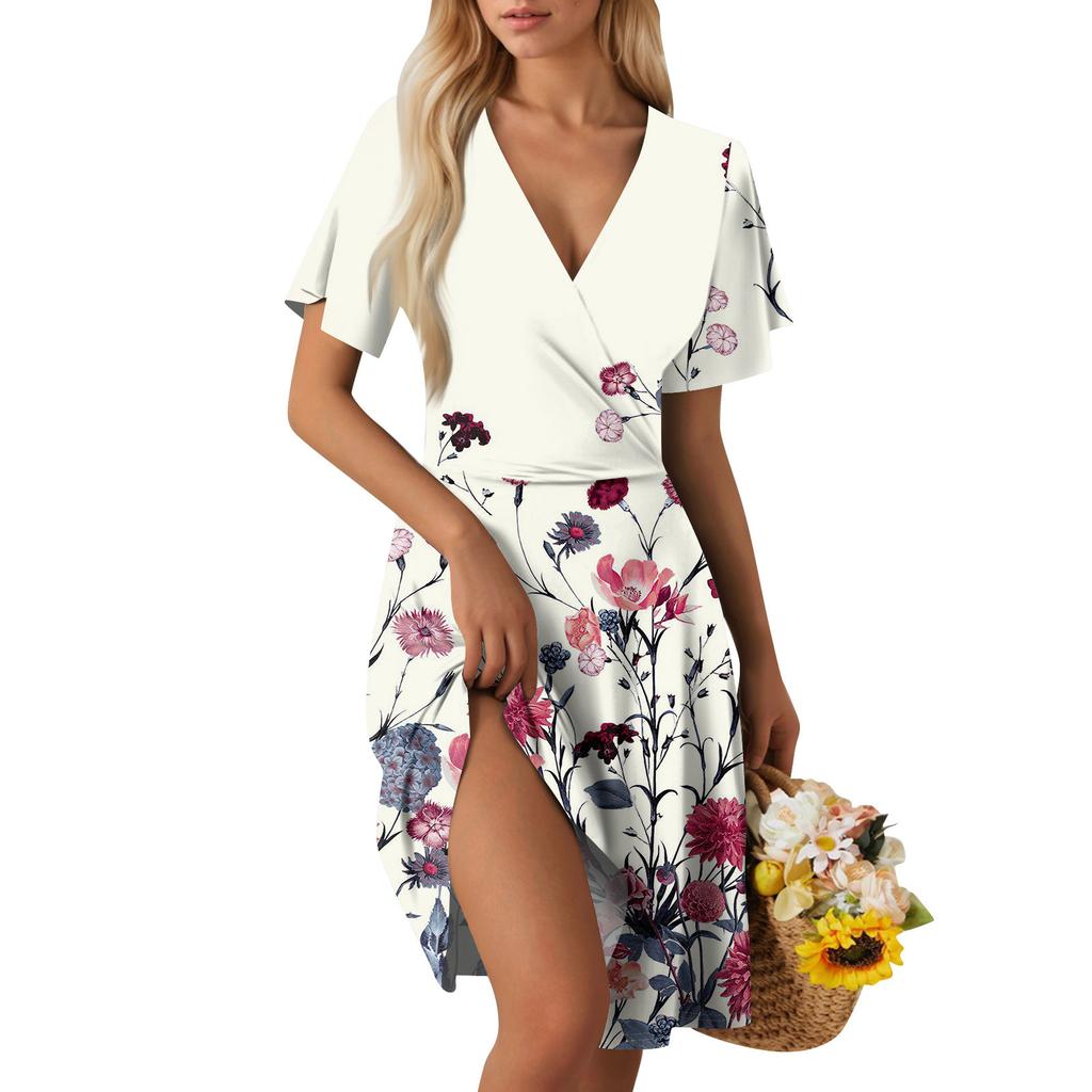 Women's Summer Dress Loose Beach Vacation Casual Deep V Neck Short Sleeve Dress Elegant Dress