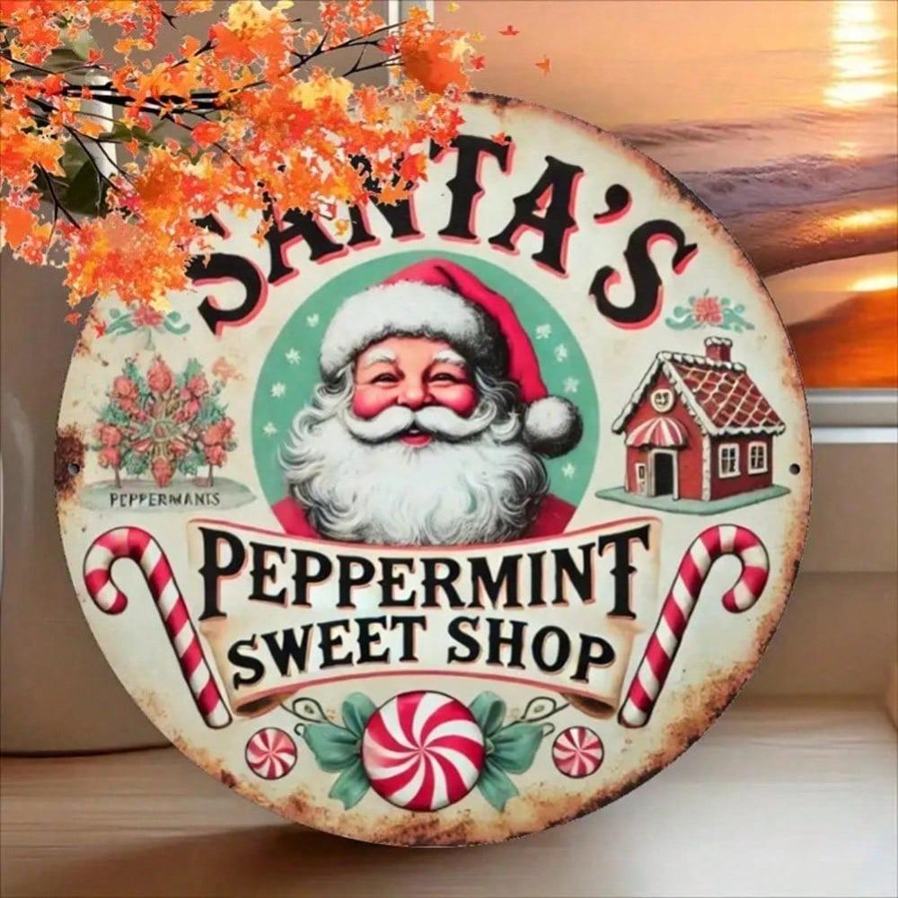 Vintage Santa Claus Candy Store Metal Tin Sign Christmas Wall Decor Holiday Gift