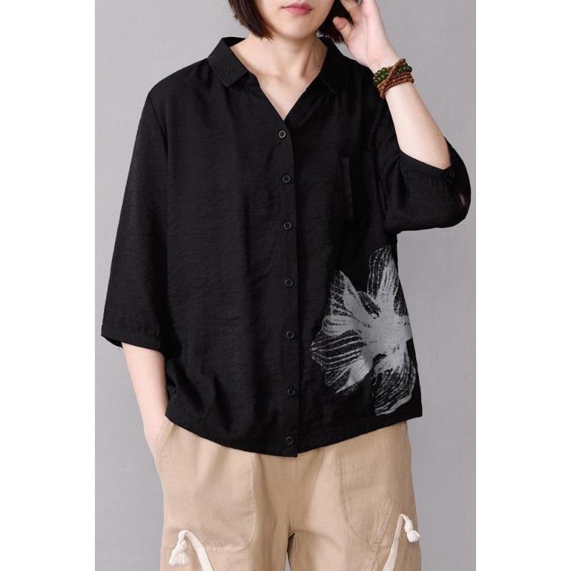 Moda Donna Nuova Camicia con Revers a Mezza Manica Top a Manica a Tre Quarti Cardigan da Donna Stampato con Bottoni e Patchwork