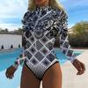 Women Long Sleeve One Piece Swimsuit Zip Front  Rhombus Geometry  Print Rash Guard Surfing Bathing Suit