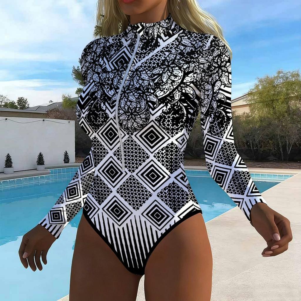 Women Long Sleeve One Piece Swimsuit Zip Front  Rhombus Geometry  Print Rash Guard Surfing Bathing Suit
