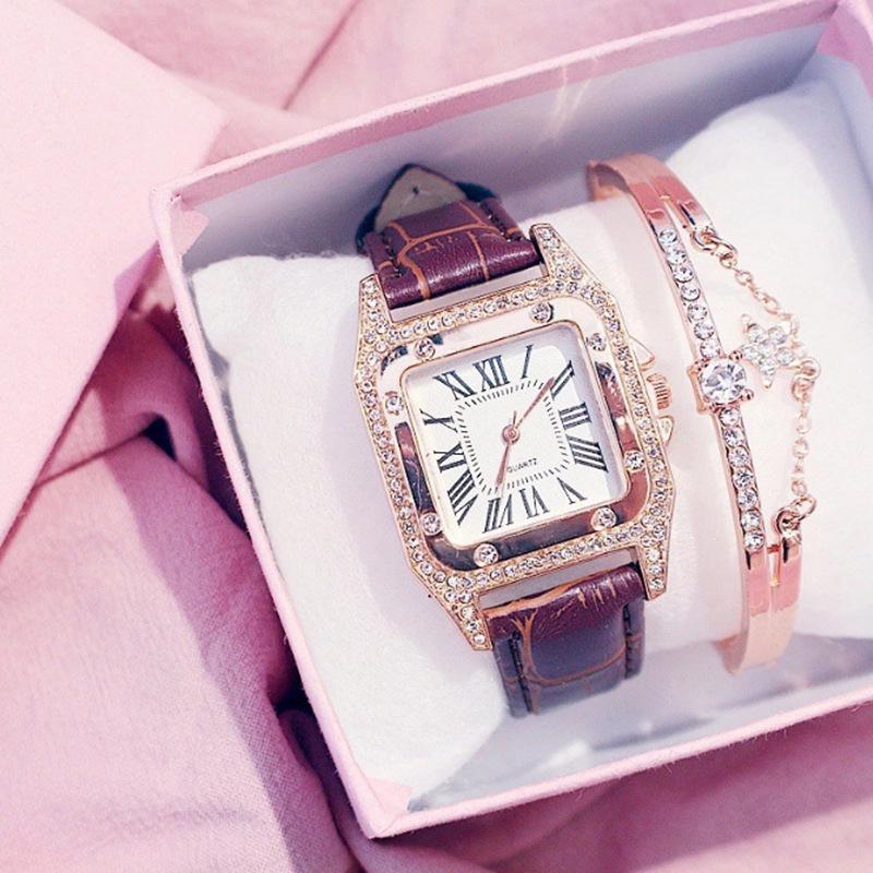 Elegant Roman Numeral Rhinestone Ladies Square Watch & Gift Set