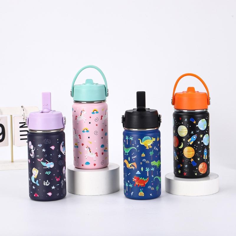 Wide Mouth Thermal Stainless Steel Water Cup Cartoon Handle Straw Tumblers Water Bottle for Outdoors