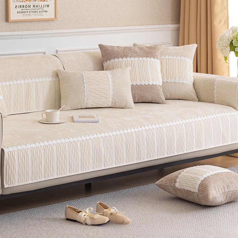 Cremefarbenes Sofakissen im Vier-Jahreszeiten-Stil, universeller Vollbezug, Handtuch, komplett eingewickelter Bezug, Waffelmuster, hochwertiges Sofakissen, rutschfest