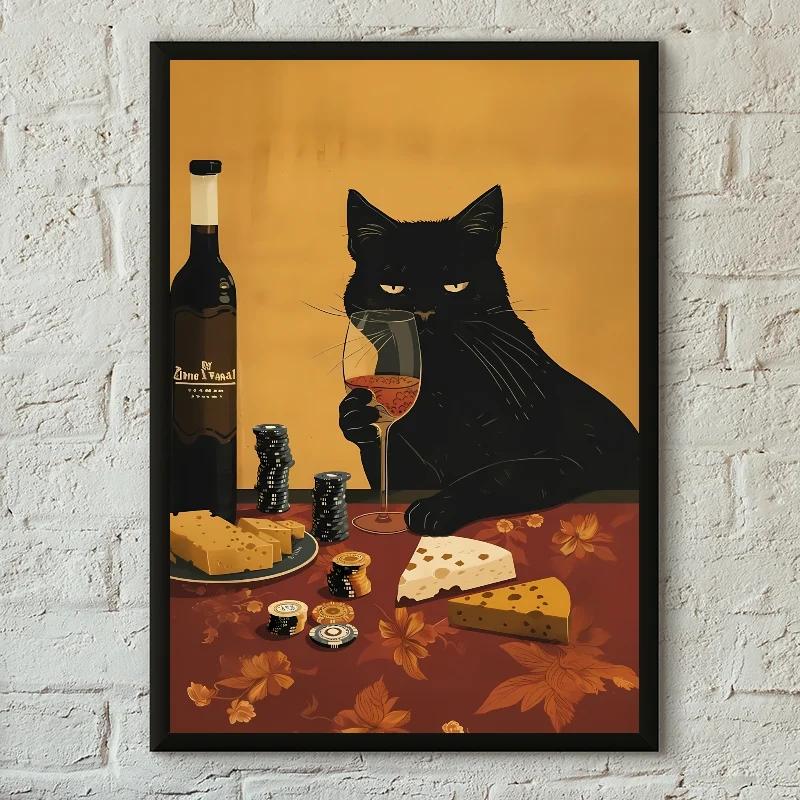 1PC Funny Black White Cats Red Wine Poster Poster Print Home Living Room Bedroom Entrance Bar Cafe Art Canvas Painting Decor