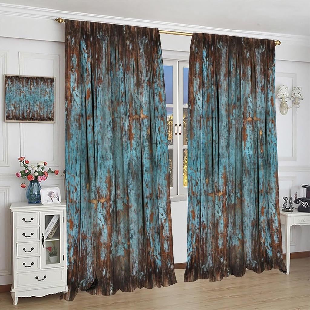 Retro Holz Verdunklungsvorhänge Rustikal Farmhaus Vintage Braun Blau Plankenstruktur Drucke Verdunklung Stangentasche Fensterdekorationen D