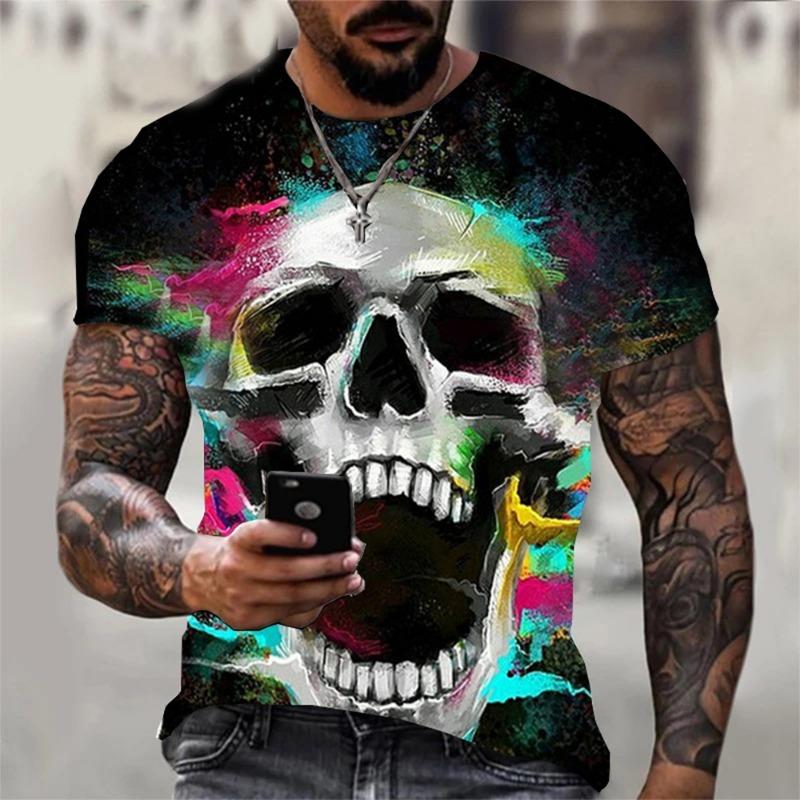Men's Halloween Sports T-shirt 3D Neutral Skull Print Round Neck Short Sleeved Casual, Comfortable and Fashionable Top