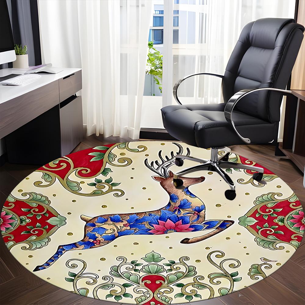 1pc Deer Floral Office Round Area Rug, Under Office Chairs Bedroom Living Room Home Decor, Room Deco