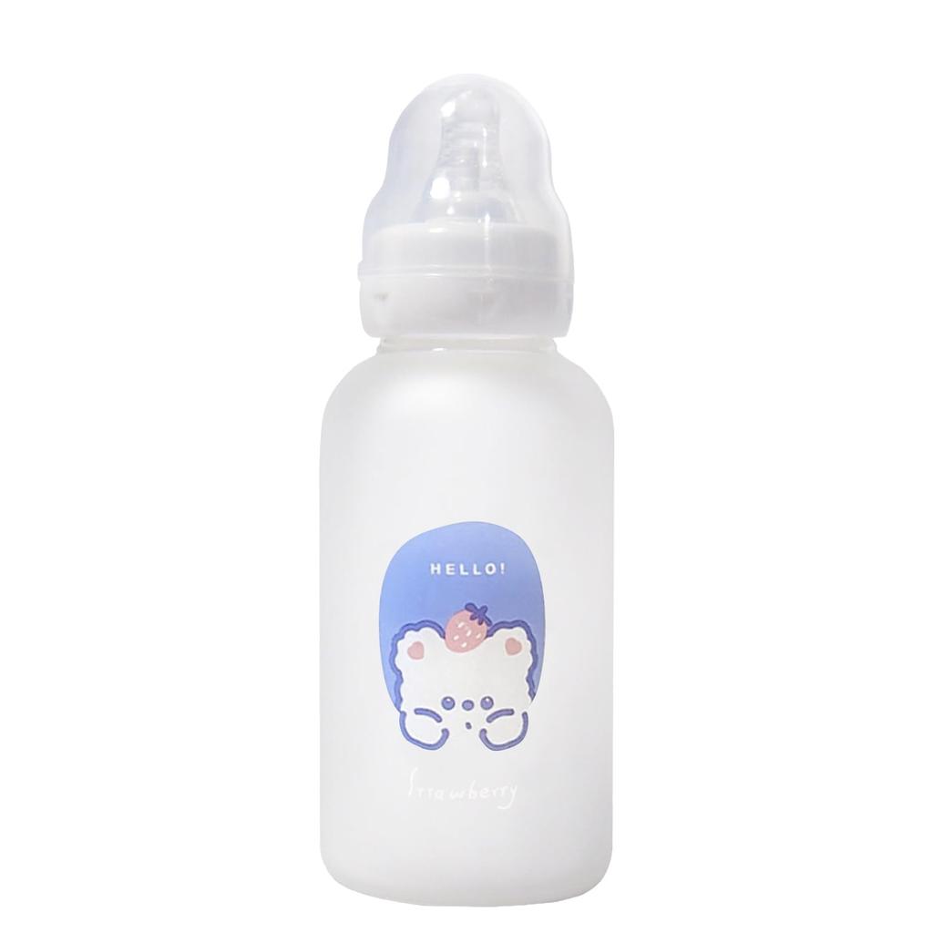 CutiePlusU Adult Baby Bottle, 300ml, Portable, Direct Drinking, Large Size, Printed Glass Baby Bottle with Cute Bear Design