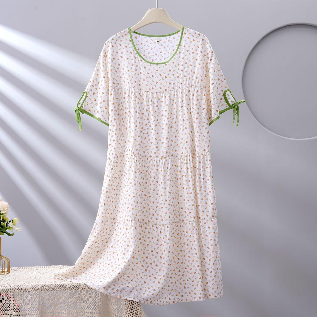 Spot new women's cotton silk spring, summer and autumn thin loose cake nightgown simple and comfortable loungewear