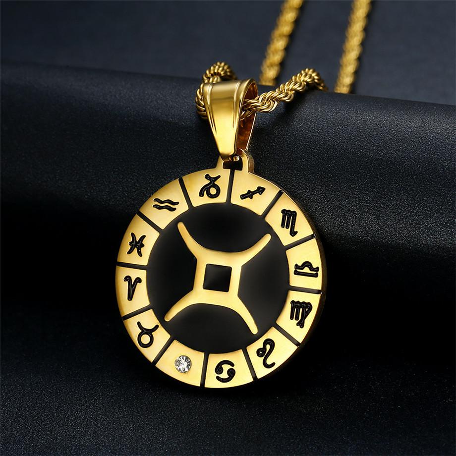 Punk Zodiac Sign Constellations Pendant Gold Color Stainless Steel Rope Chain Round Necklace For Women Men Jewelry Gift