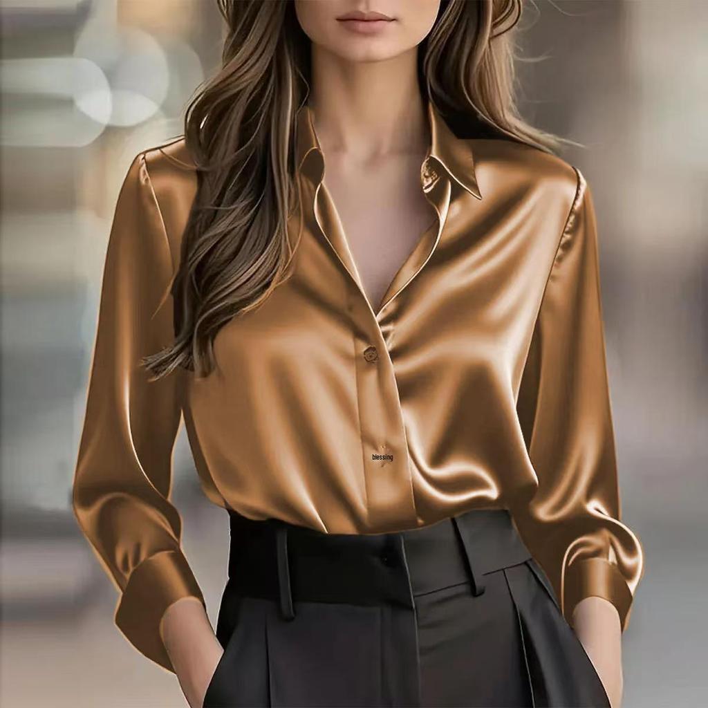 Autumn 2025 Elegant Satin Long Sleeve Button-Down Women's Shirt