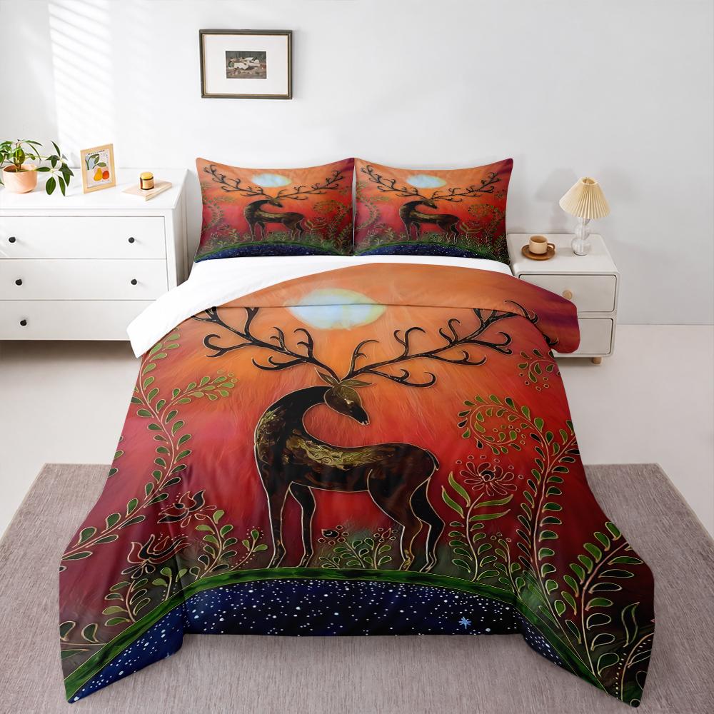3 Piece Bedding Set Black Gold Deer Stag Antlers Sunset Moon Folk Art Orange Red for Adult Room Home Decor