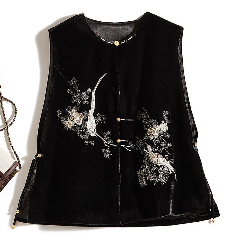 

Look at the Neckline and Flat Beads! Tongue Tip round Neck A Word Side Slit Tassel Mirco Velvet Magpie Embroidered Vest Women s Coat Black L