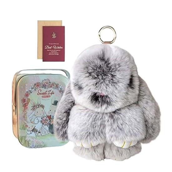 Handmade Soft Plush Bunny Keychain with Tin Box Fluffy Cute Bunny Pom Pom Charm Stuffed Animal Keyring for Easter Birthday Gift