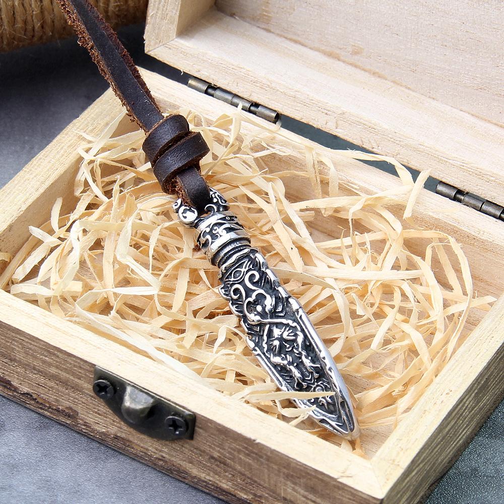 Stainless Steel Viking Dragon Spear Pendant Necklace with Real Cow Leather Chain Mens Gift in Wooden Box