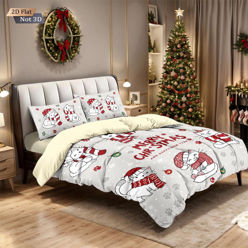 3pcs Christmas Cartoon Kitten Printed Chipless Bedding Set Soft Dormitory Bedroom Multiple Sizes Machine Washable