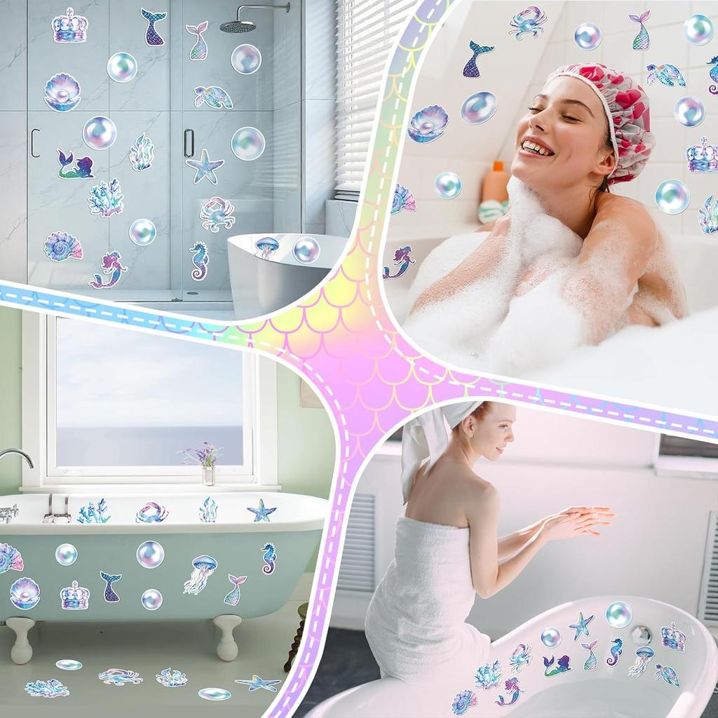 Funrous 20 Pcs Mermaid Non Slip Bathtub Stickers Ocean Mermaids Anti Slip Shower Stickers Shower Floor Nonslip Sticker with Scraper Ocean Applique