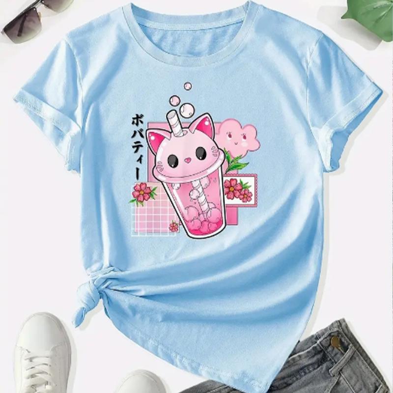 Fashion Women Milk Tea Cat Head Print T Shirt Funny Casual O-neck Short Sleeves T-shirt Summer Female Tee Shirt