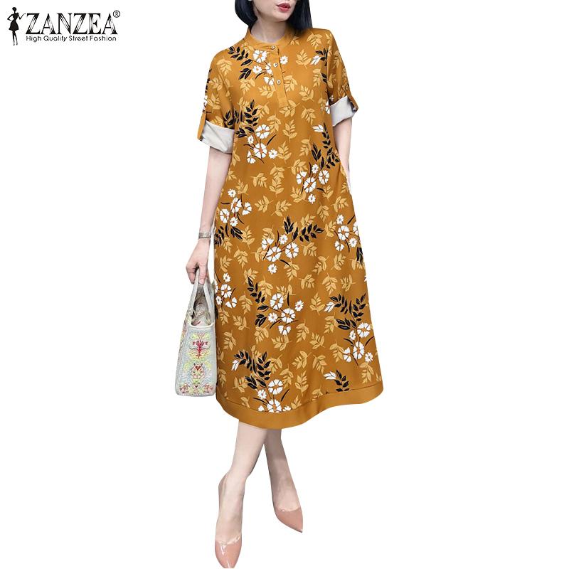 ZANZEA Women Casual Crew Neck 3/4 Sleeve Loose Floral Dress
