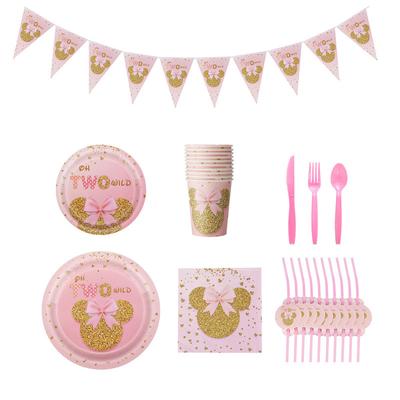 Birth Date Celebration Supplies Collection Minnie Mouse Style Pink Gold Glitter Disposable Utensils Children Birth Date Tableware Decor Favors