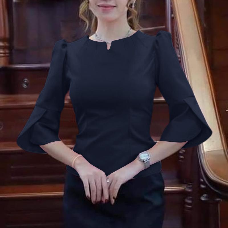 

ZANZEA Женская повседневная блузка с V-образным вырезом, однотонная, с рукавами три четверти 5XL темно-синий