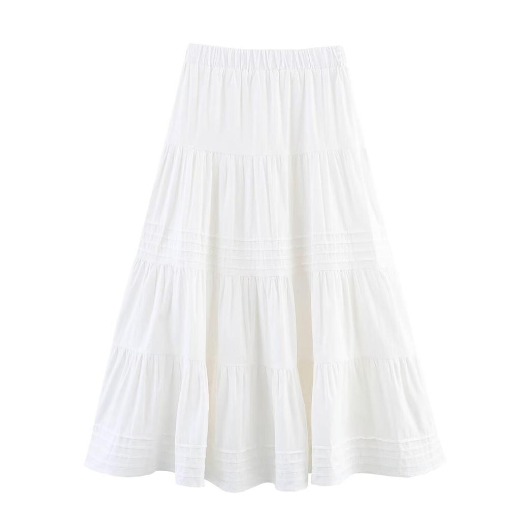 2025 Spring Women's Fashion European & American Style Cotton Striped Layered Midi Swing Skirt