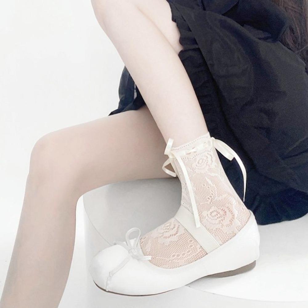 Hollow Y2K Mesh Short Socks Ribbon Bow Lolita JK Socks Breathable Women Mid-Calf Sock  Girls