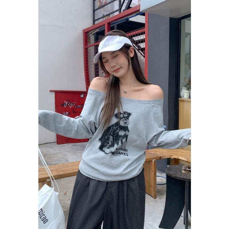 Cotton White Puppy Print Slanted Shoulder Long Sleeved T-shirt Women's Autumn Versatile Top