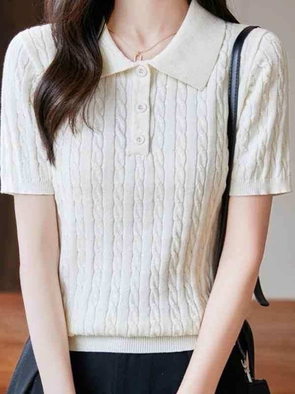 Premium lapel neck cotton short-sleeved women's twisted flower new POLO neck half-sleeved knitted sweater T-shirt top