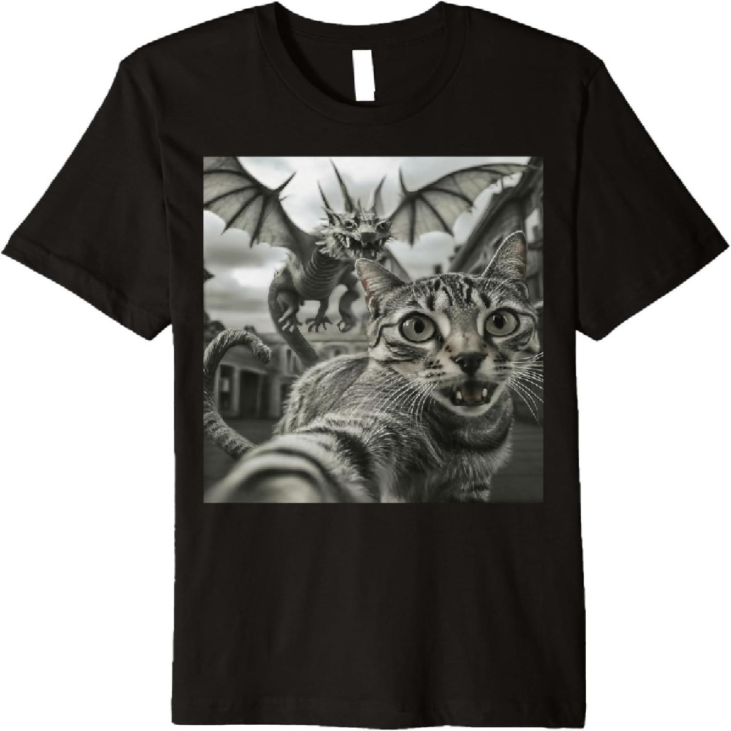 Cat Selfie With Dragon Funny Vintage Retro Classic Photo Premium T-Shirt S