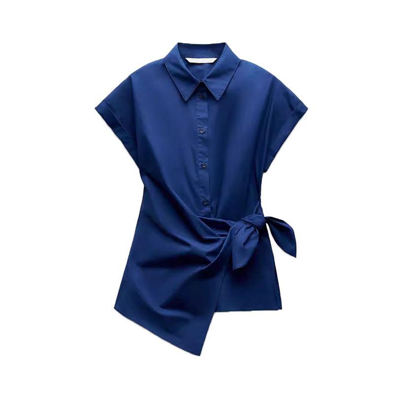 Spring New Temperament Work Clothing Lapel Short Sleeve Poplin Shoelace Shirt 4043050 9479048 3360