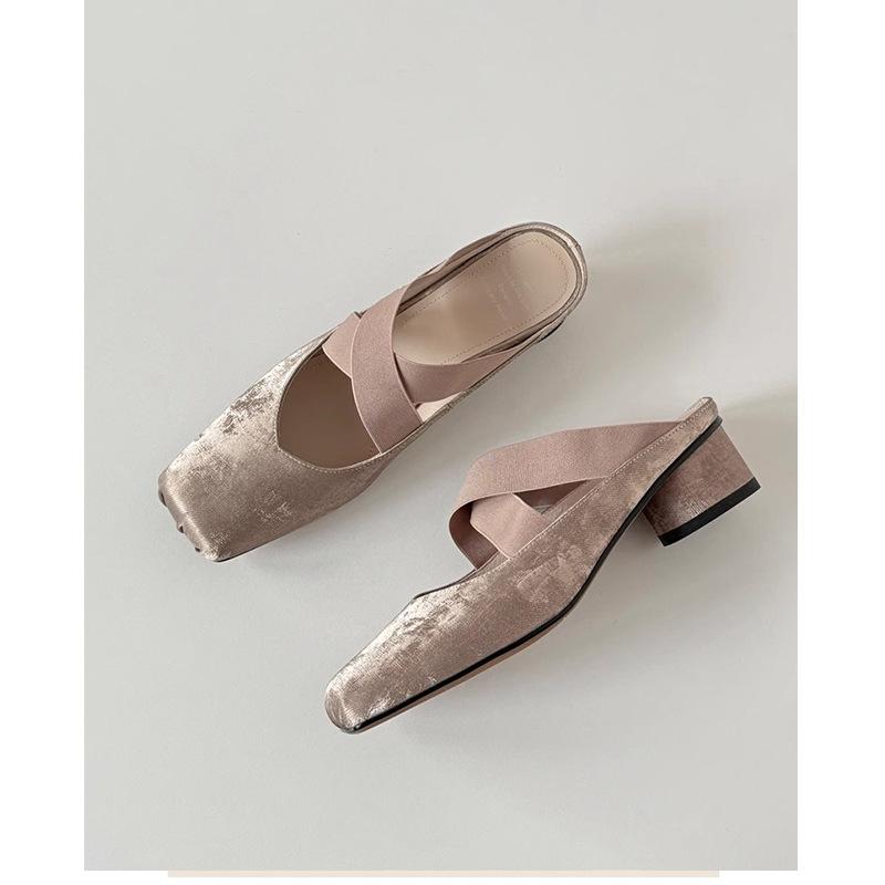 French bag head half slippers women's 2025 new summer square head ballet cross strap medium heel thick heel outer sandals