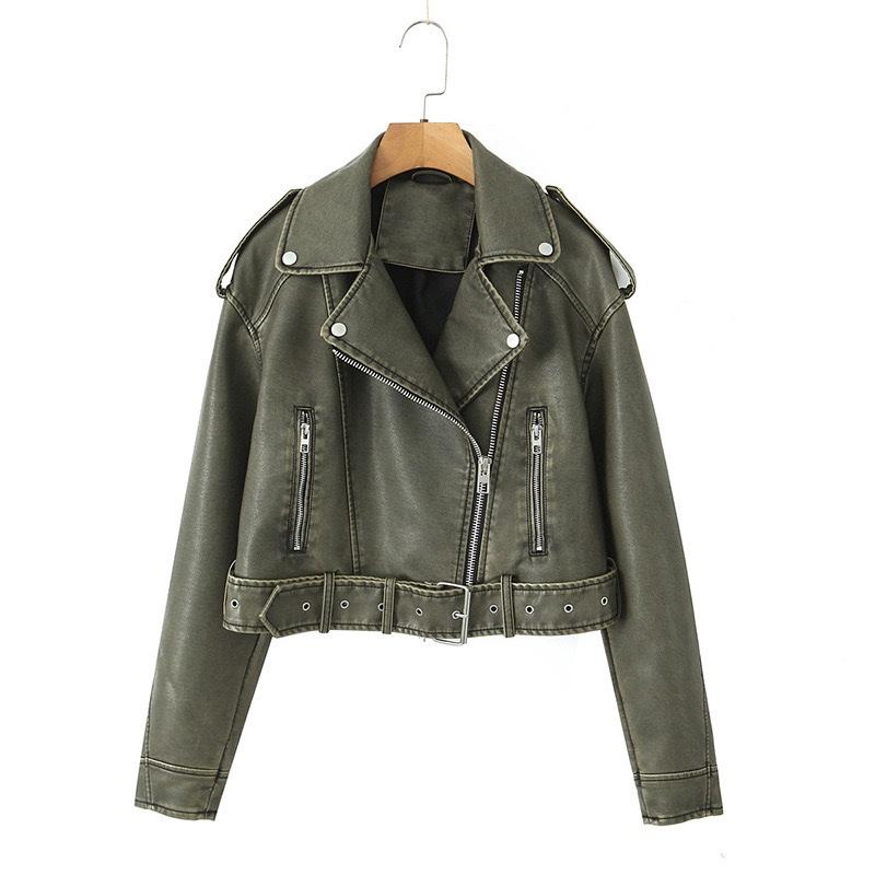 Women Oversized Vintage Loose Pu Faux Leather Short Jacket with Belt Streetwear Female Zipper Retro Moto Biker Coat Outwear