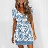 Women's Fashion Casual V-Neck Short Sleeve Drawstring Sequin Printed Dresses