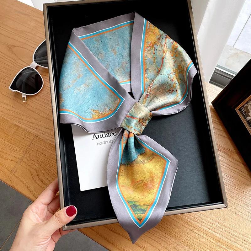 Retro Oil Painting Skinny Silk Scarf Women Foulard Neckerchief Lady Bag Ribbon Office Soft Satin Neck Hands Tie Female Hairband