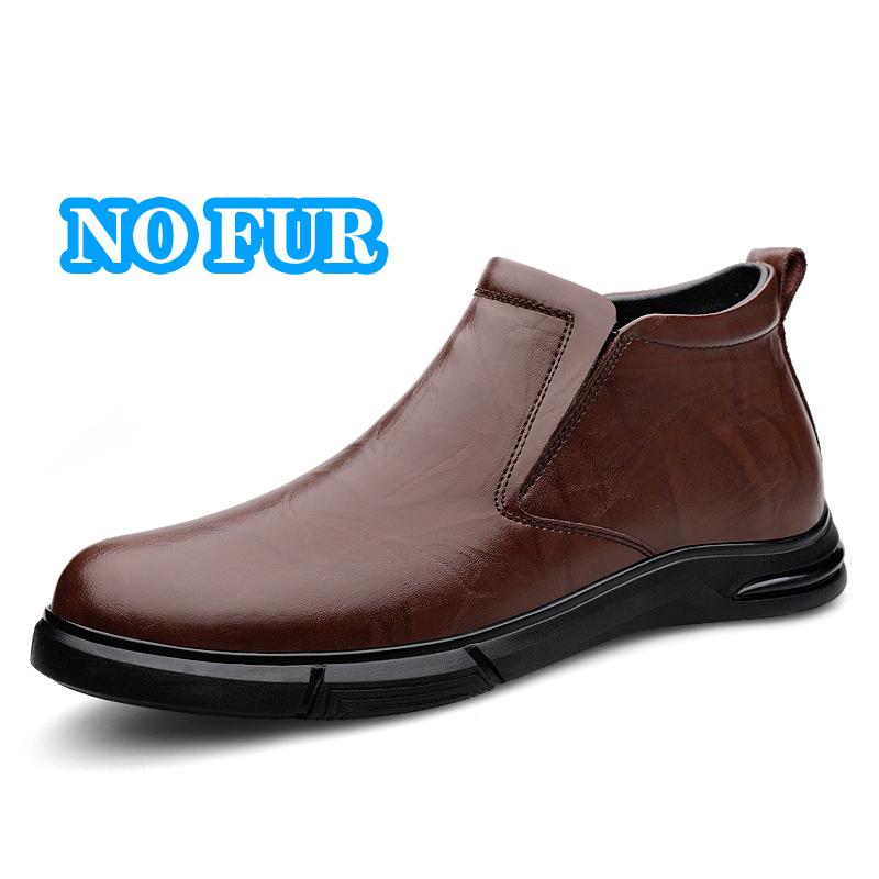Classic Men Genuine Leather Ankle Boots Fashion Handmade Casual Walking Shoe Slip on Antiskid Driving Shoes Warm Plush Fur Boots