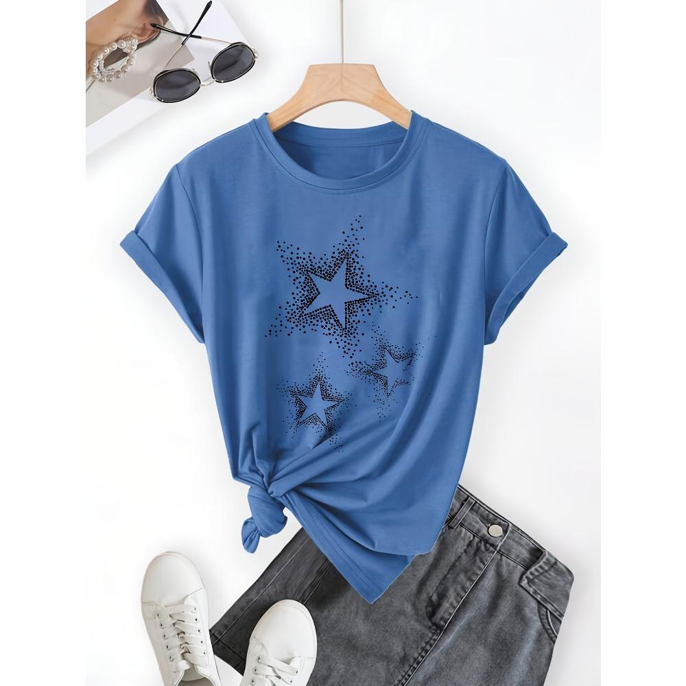 Damen Casual Kurzarm T-Shirt - Schwarz mit Weißem Sternenprint Rundhals Oberteil für Frühling & Sommer Maschinenwaschbar