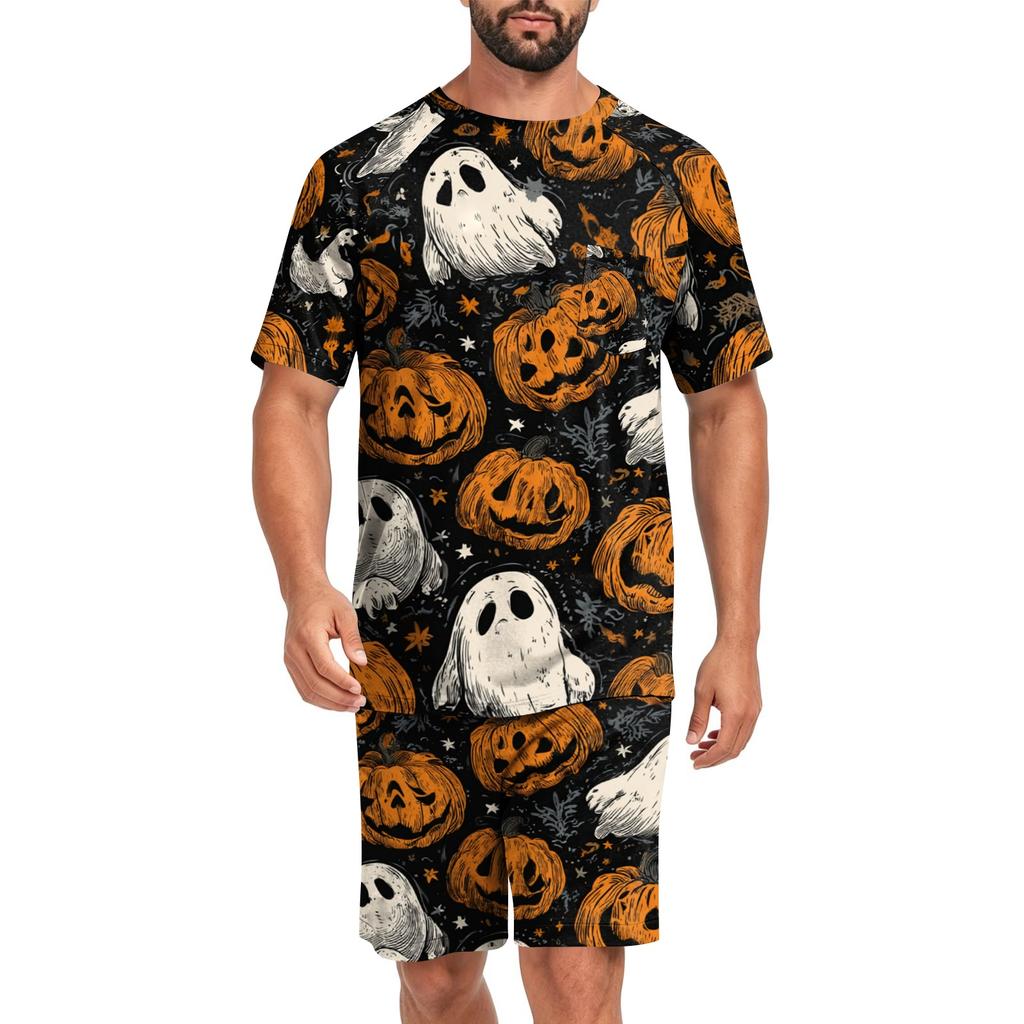 Set Pigiama Casual da Uomo per Halloween Top a Manica Corta e Pantaloncini Leggero Traspirante Abbigliamento da Notte e per il Tempo Libero