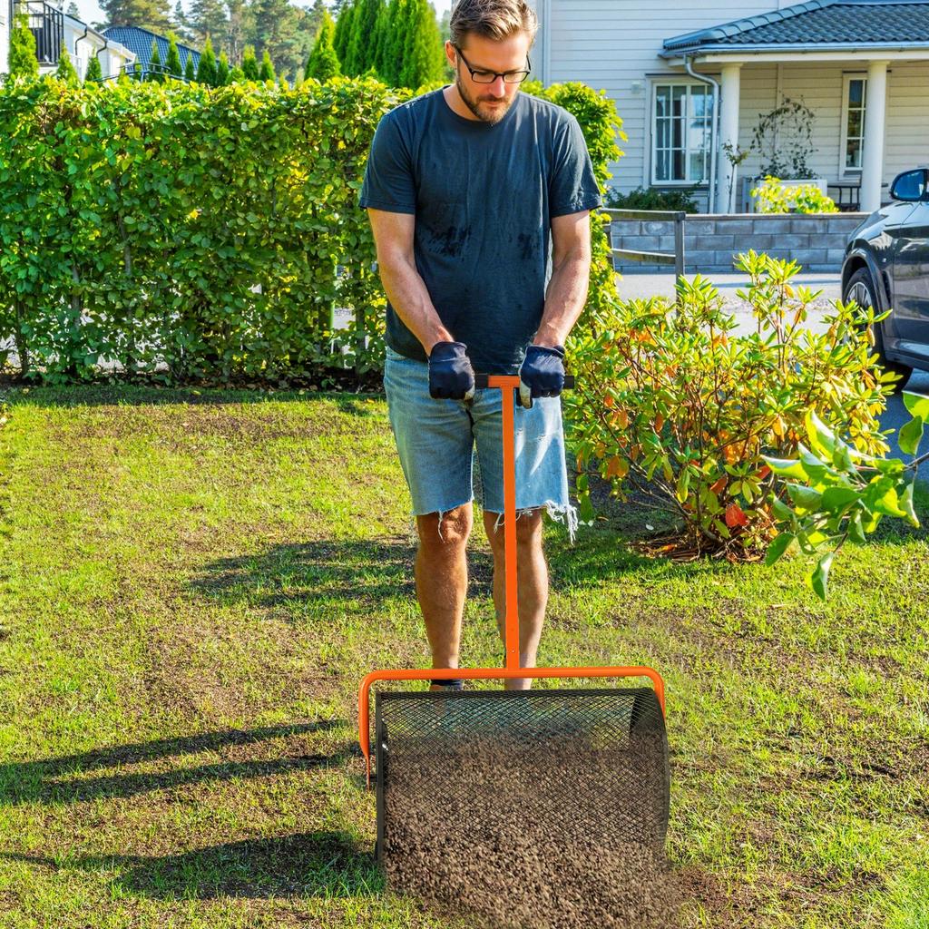 Compost Spreader, 24" Peat Moss Spreader with Height Adjustable T Shaped Handle and Metal Mesh Basket, Garden Spreader for Seeding, Spreading Manure