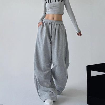 Harajuku Široké Tepláky Dámské Streetwear Volné Oversize Šedé Sportovní Kalhoty Vysoký Pas Stahovací Šňůrka Ležérní Jogger Kalhoty