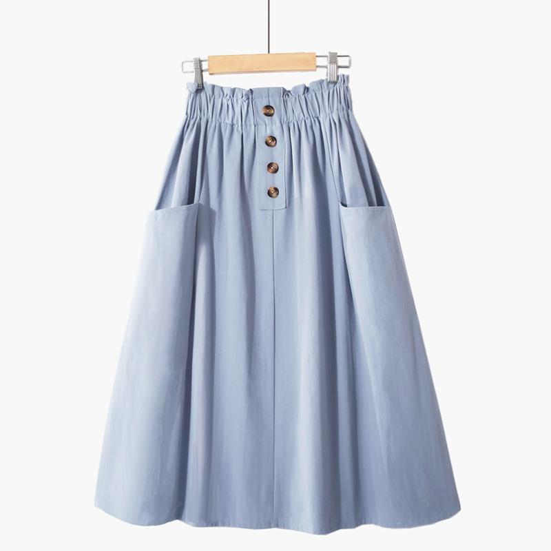 Woman Retro Vintage Solid High Waist A-Line Pockets Midi Skirt
