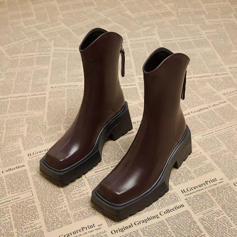 Women's Shoes Mid Heel Pumps Mid-Calf Boots Fashion Chelsea Boots Autumn and Winter Thick Soled Square Toe Short Boots