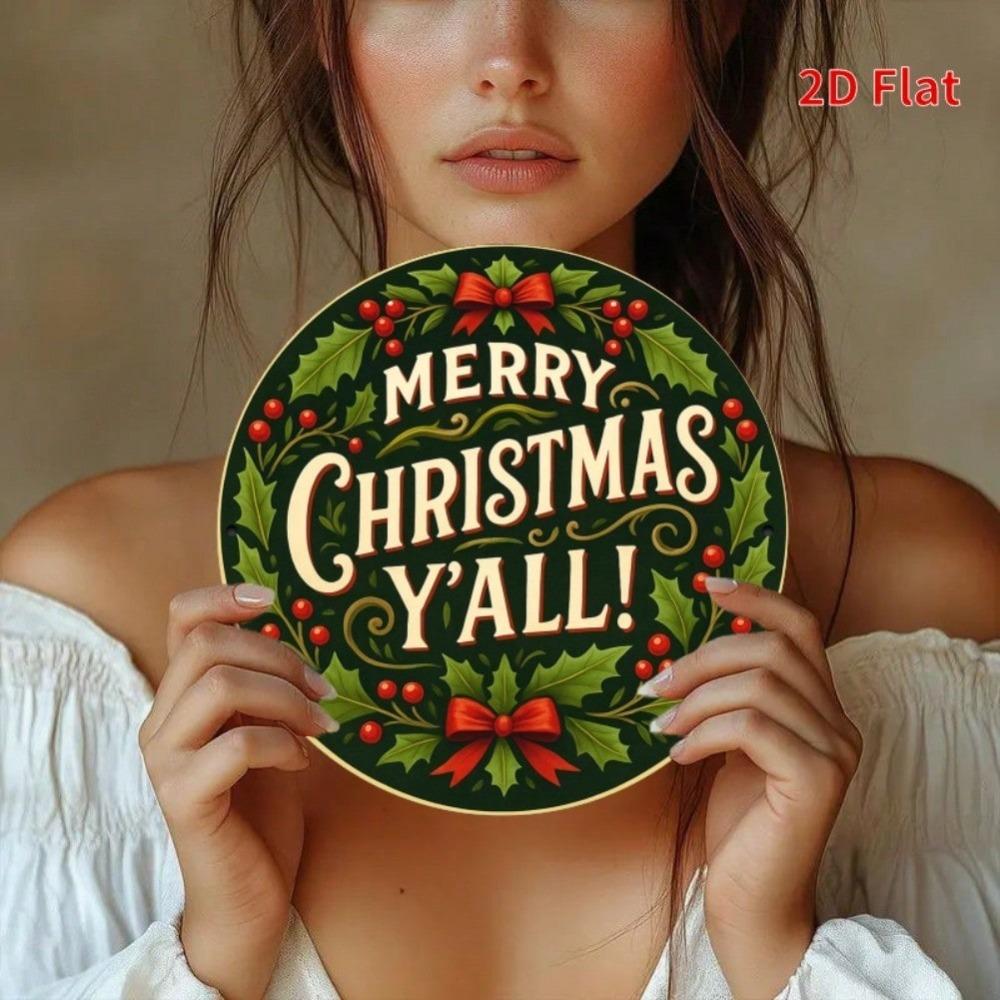 Vintage Metal Christmas Sign Round Iron Decor Holly Berries Kitchen Garden Home